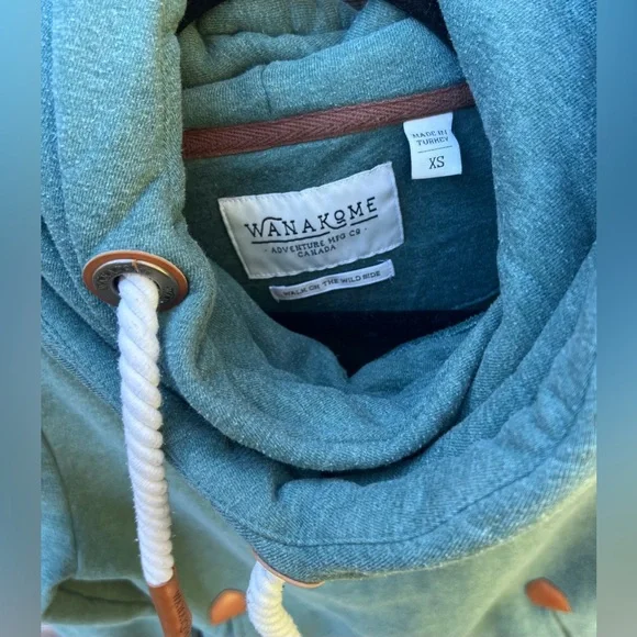 Wanakome Teal Pullover Sweatshirt Cowl Neck Brown Accents Rope Drawstring Pocket - Picture 4 of 8